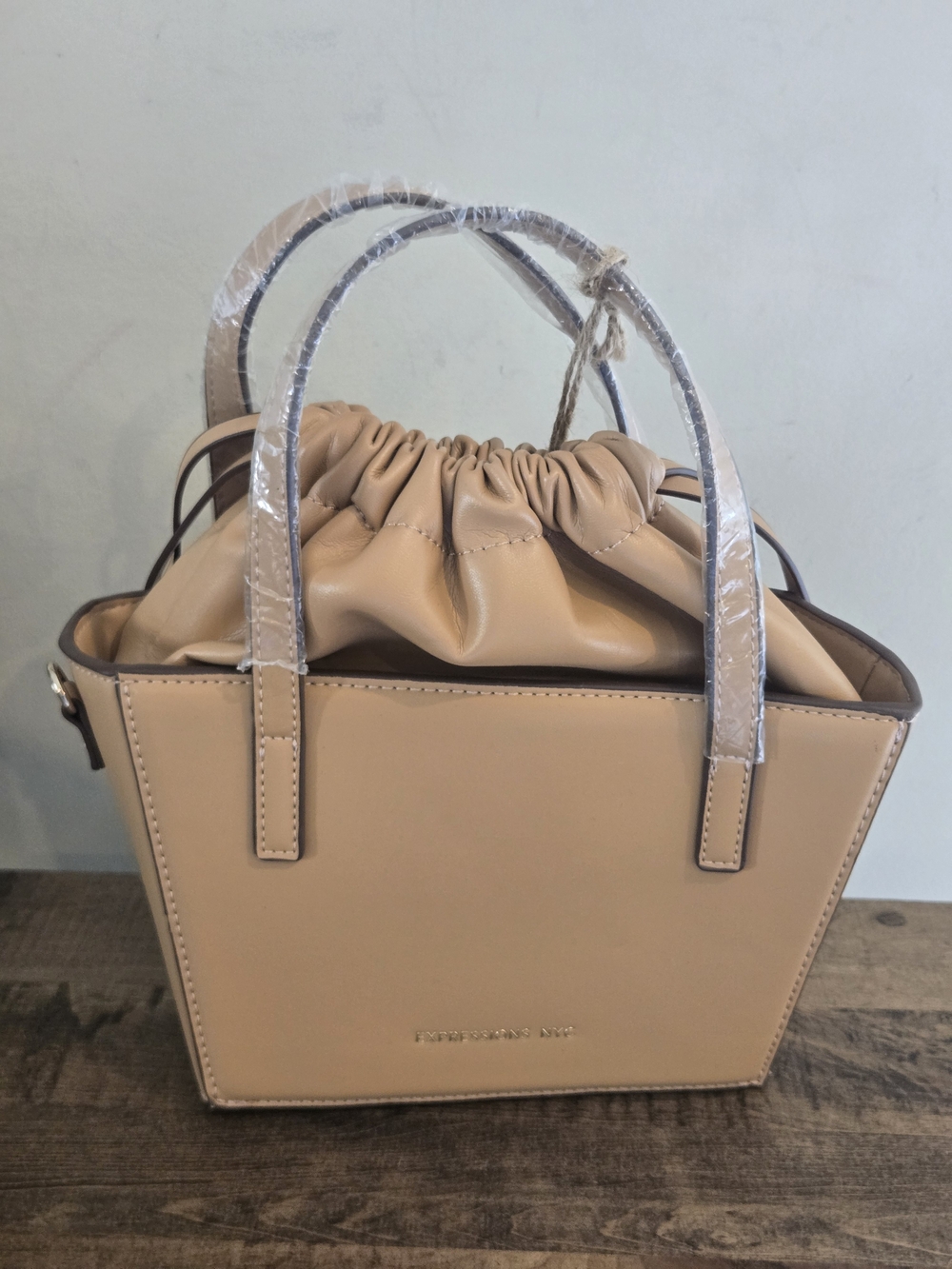 EXPRESSIONS NYC Bucket Crossbody Bag Camel Tan Vegan Leather Party Mini Purse